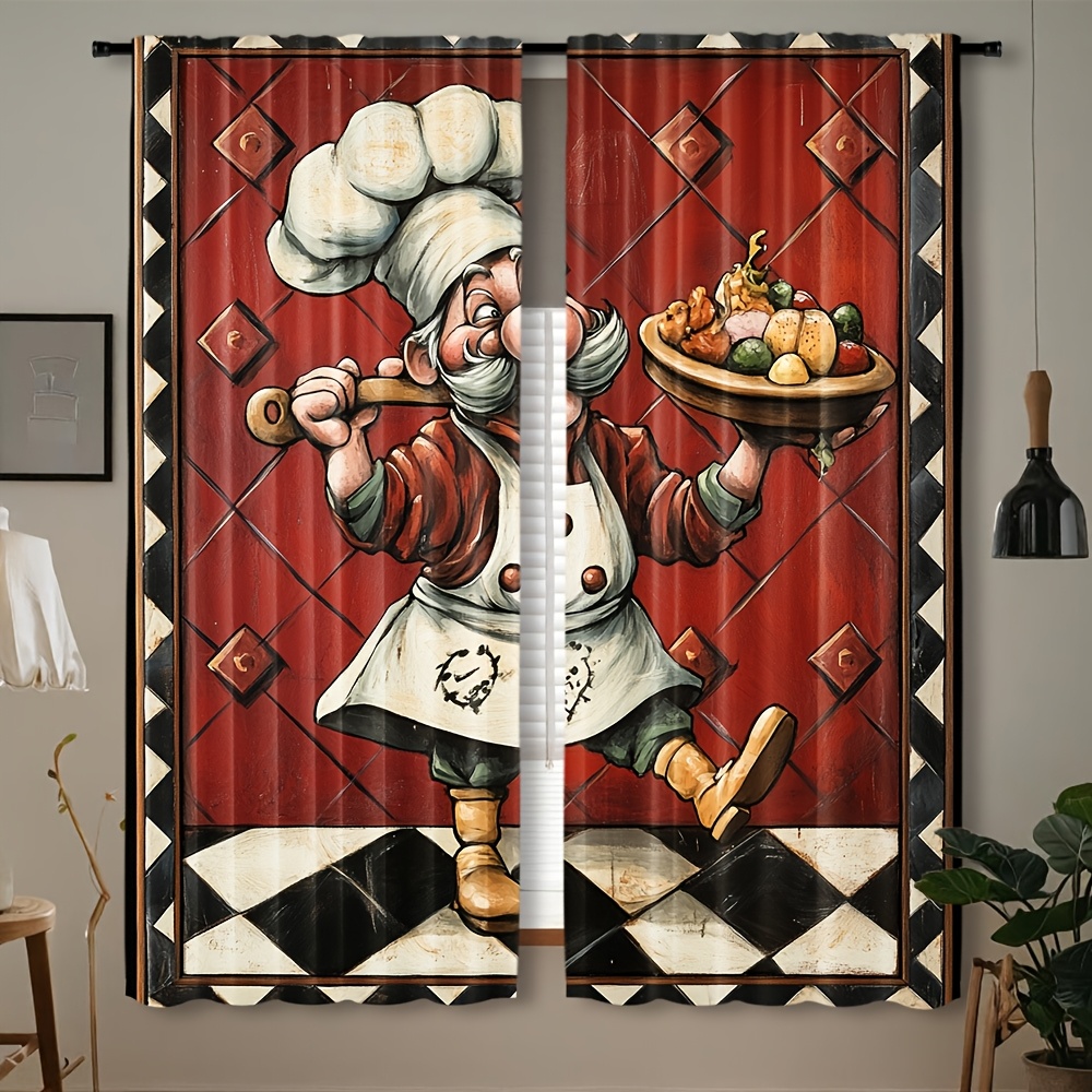 Home Cooking In French - Novelty Chef Cartoon Curtains Pair Kitchen