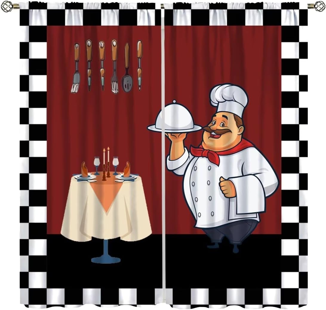 Home Cooking In French - Fat Chef Kitchen Curtains ，Cartoon Cook