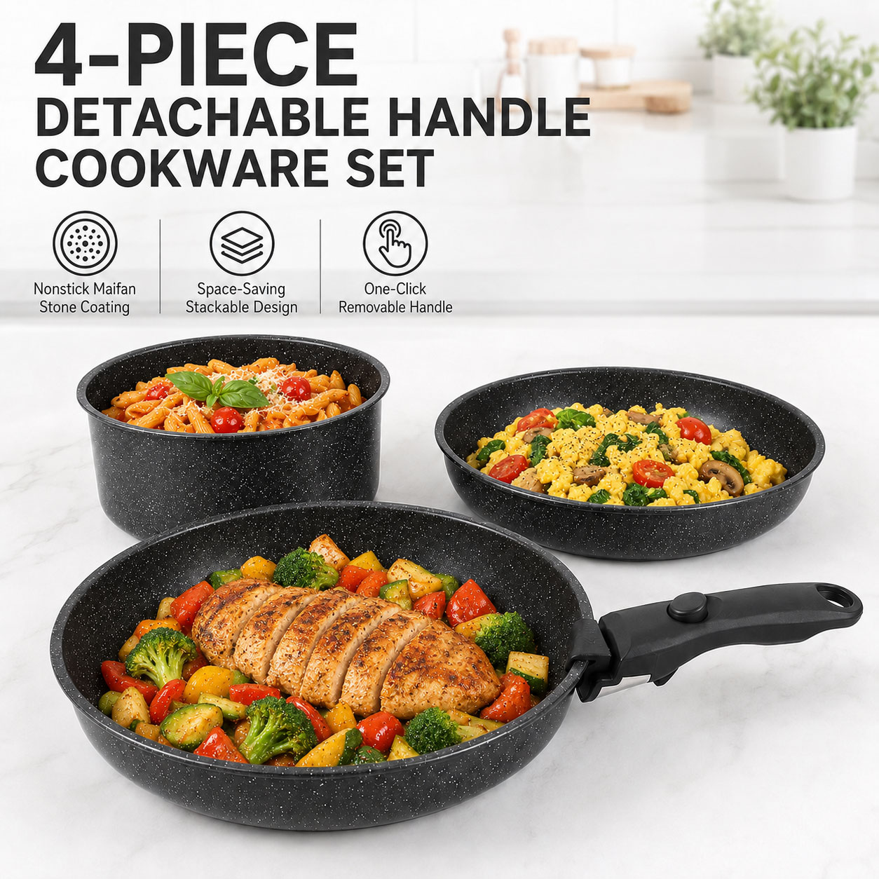 Paella Pan Steel - Uwhise 4PCS Nonstick Cookware Set Detachable