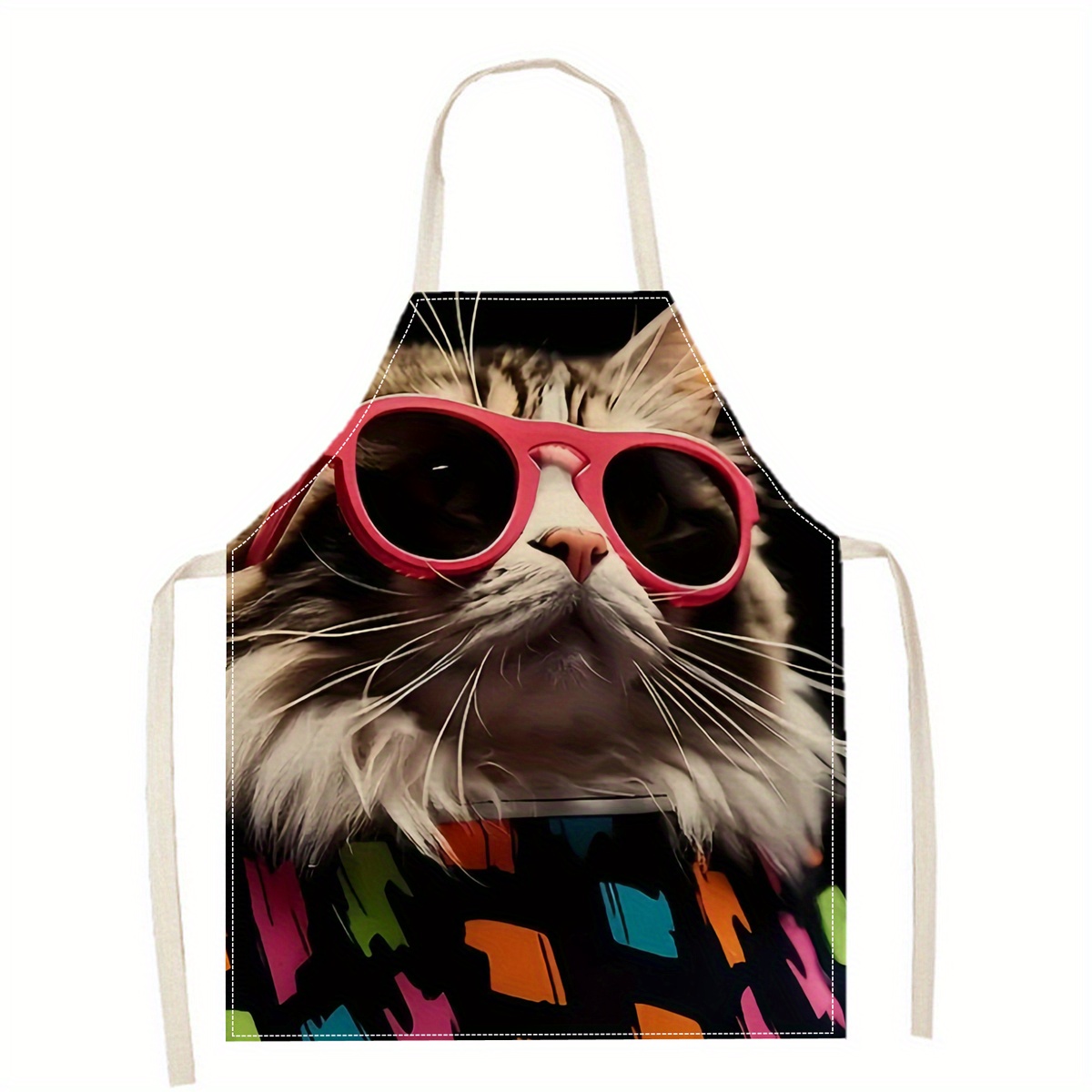 Home Cooking Ideas - Linen Apron Funny Cat Sunglasses Print